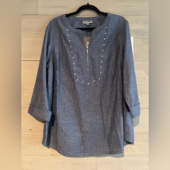 JM Collection Denim Blue Tunic with Pearl Accents - Picture 6 of 8